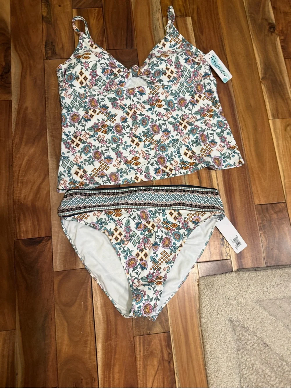 Tropical Floral Tankini Set in White with Teal & Mustard Accents